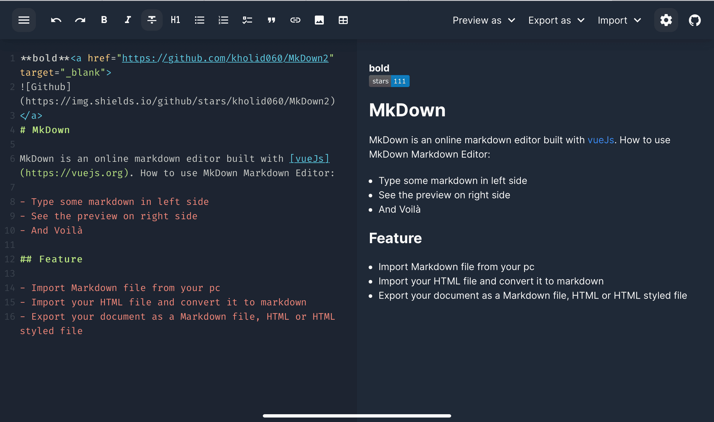 Screenshot of Markdown Editor