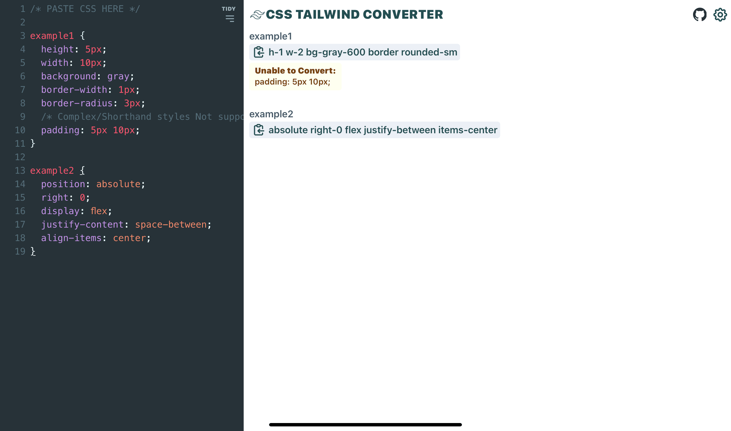 Screenshot of Tailwind CSS converter