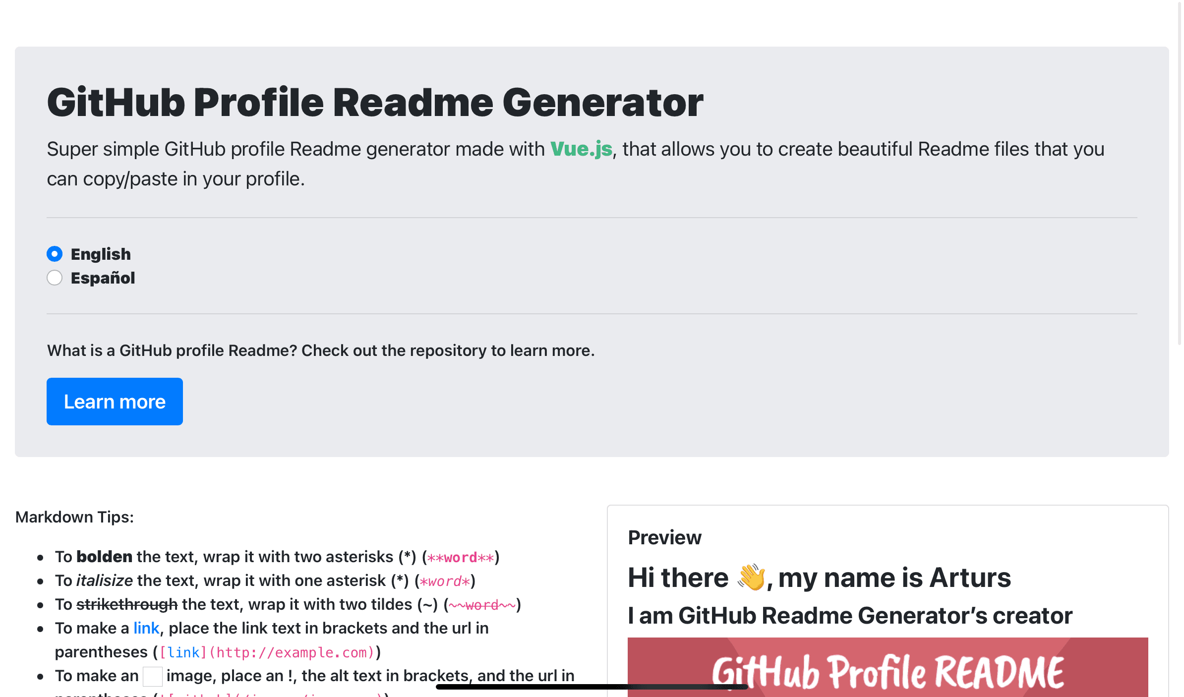 Screenshot of GitHub Readme Generator