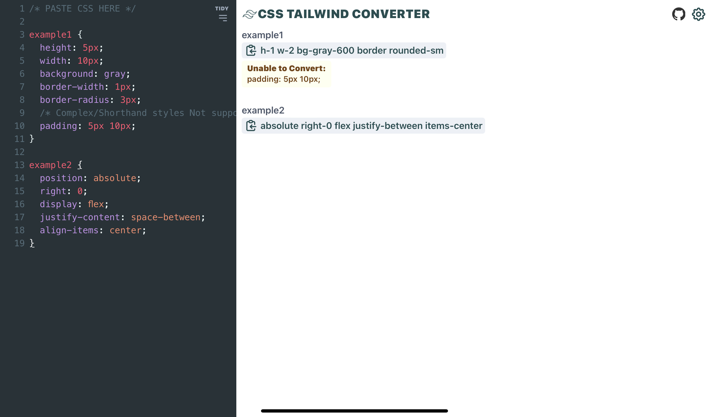 Screenshot of Tailwind CSS converter