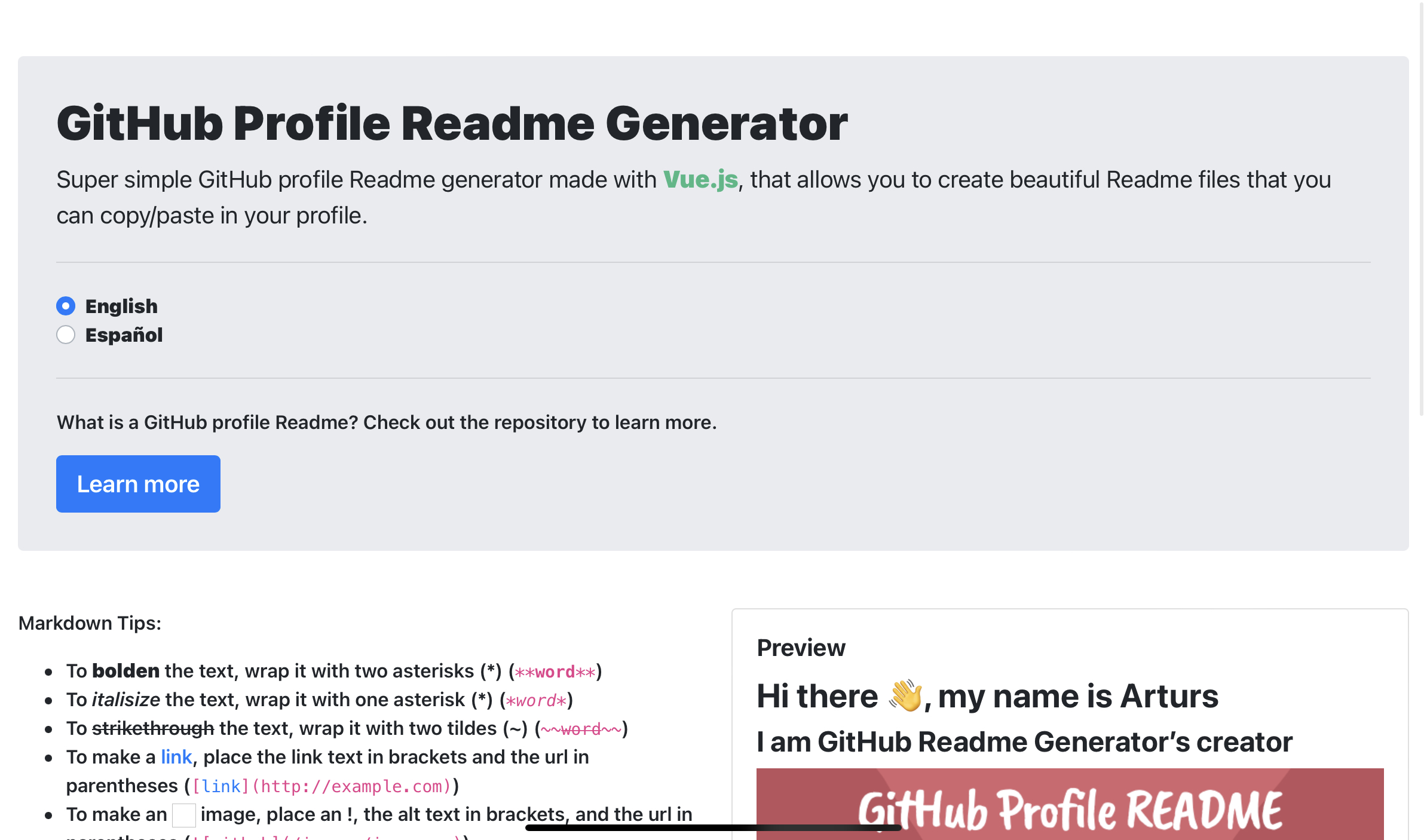 Screenshot of GitHub Readme Generator